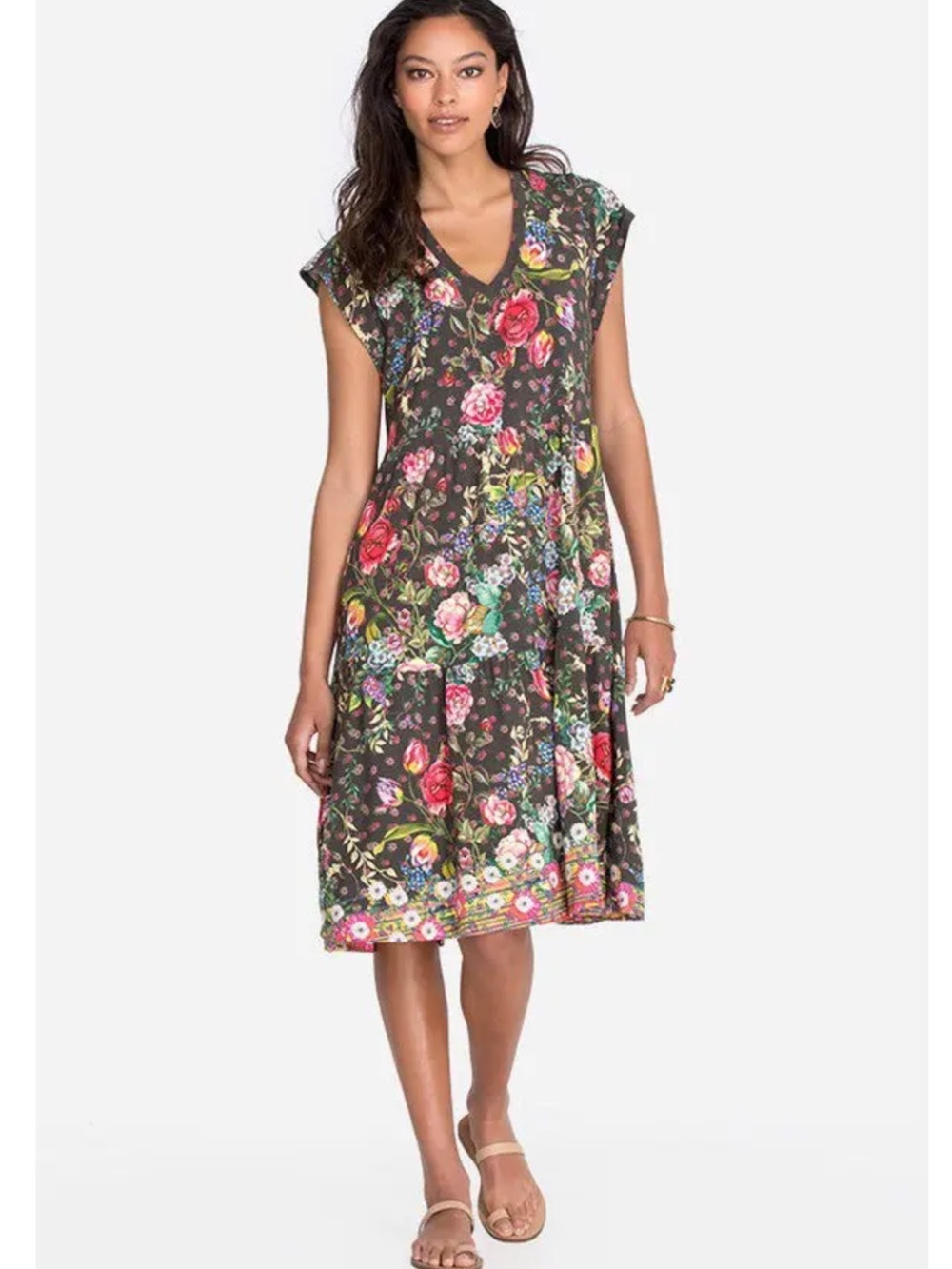 Johnny Was Naomi  Black Maxi Dress with Pink, Red, Green & Blue Floral Motif